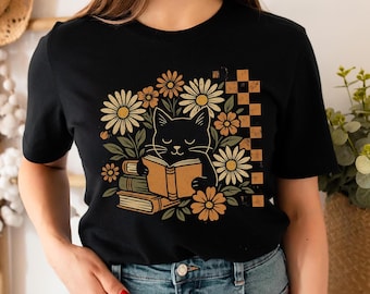 Cozy Reading Cat T Shirt Vintage Fall Floral Bookish Tee Cute Cat Book Lover Shirt Fantasy Reader Gift Retro Aesthetic Book Tee