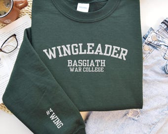 Embroidered Fourth Wing Wingleader Basgiath War College Sweatshirt with Chest and Sleeve Embroidery Dragon Rider Fantasy Gift
