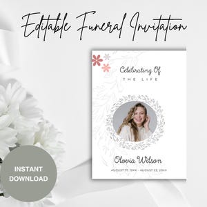 Modèle modifiable d'invitation aux funérailles | Carte commémorative de célébration de la vie | Modèle Canvas à téléchargement immédiat | Faire-part de nécrologie floral