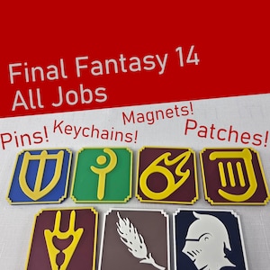 May include: Square-shaped Final Fantasy 14 All Jobs pins, keychains, magnets, and patches. Each item features a unique job symbol in yellow, white, and other colors, set against a colored background. The background is red.