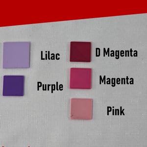 May include: A color chart displaying five square samples labeled with text. The colors are Lilac, Purple, D Magenta, Magenta, and Pink. The top header reads Color Options, and the bottom includes the text Silver Harmony Studios LLC.