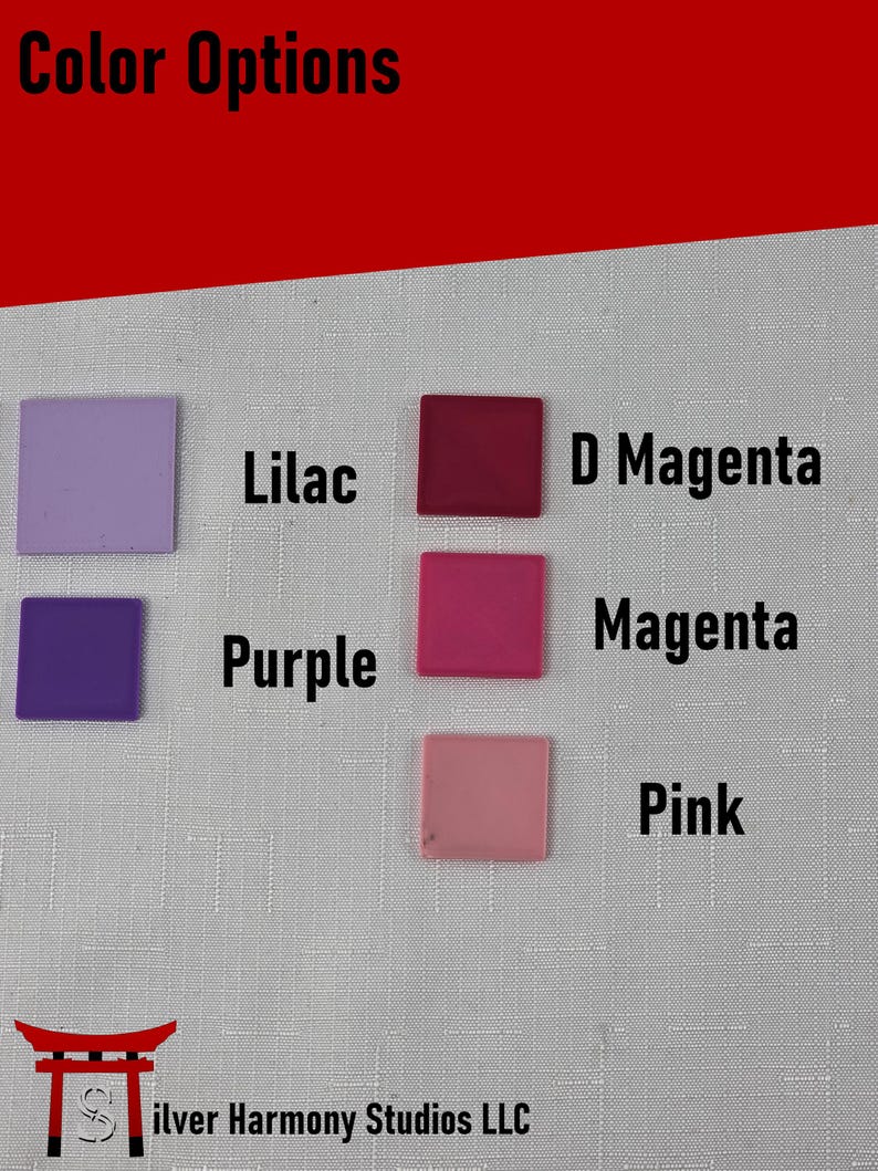 May include: A color chart displaying five square samples labeled with text. The colors are Lilac, Purple, D Magenta, Magenta, and Pink. The top header reads Color Options, and the bottom includes the text Silver Harmony Studios LLC.