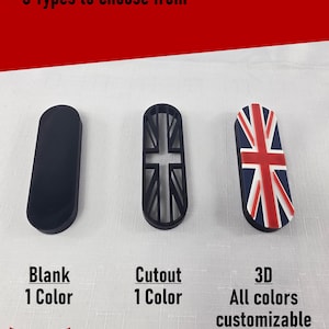 May include: Three oval-shaped objects labeled Design Types with 3 Types to choose from. The first is a solid black blank, the second is a black cutout with a Union Jack pattern, and the third is a 3D Union Jack in red, white, and blue.