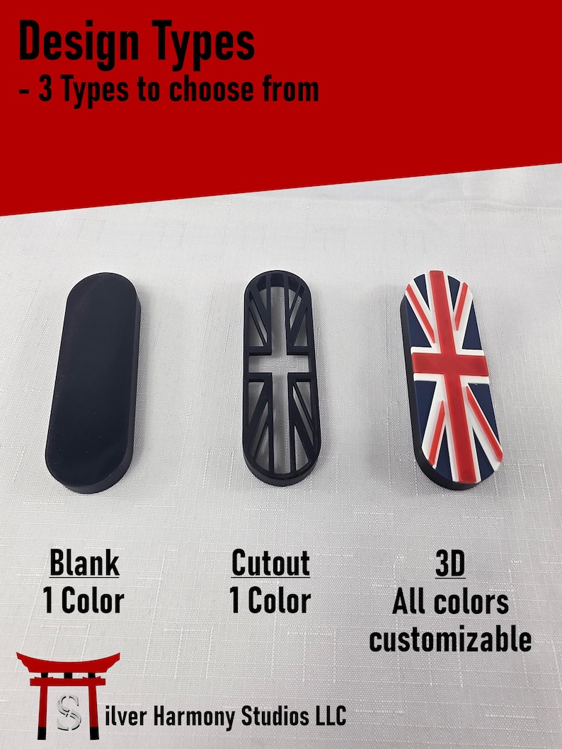 May include: Three oval-shaped objects labeled Design Types with 3 Types to choose from. The first is a solid black blank, the second is a black cutout with a Union Jack pattern, and the third is a 3D Union Jack in red, white, and blue.