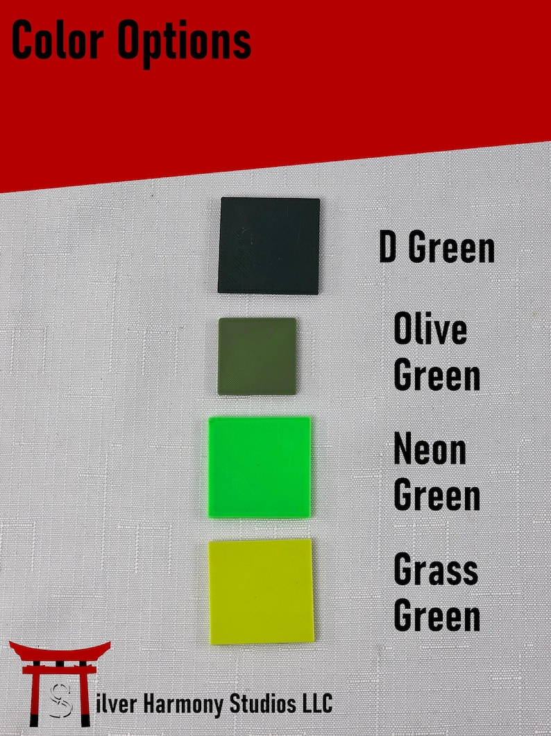 May include: A color chart displaying four square samples in shades of green labeled D Green, Olive Green, Neon Green, and Grass Green. The text Color Options appears at the top, and the Silver Harmony Studios LLC logo is at the bottom left.