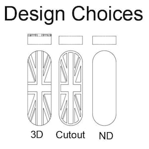 May include: A black and white graphic titled Design Choices displaying three vertical oval shapes. The first is labeled 3D with a Union Jack pattern, the second is labeled Cutout with a Union Jack outline, and the third is labeled ND as a plain oval.