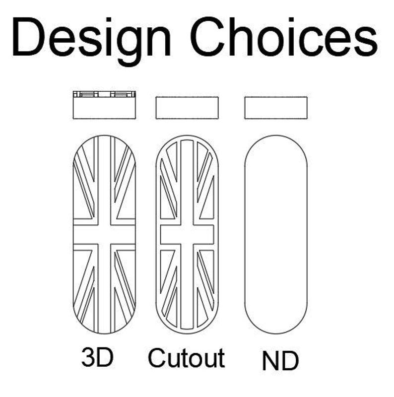 May include: A black and white graphic titled Design Choices displaying three vertical oval shapes. The first is labeled 3D with a Union Jack pattern, the second is labeled Cutout with a Union Jack outline, and the third is labeled ND as a plain oval.