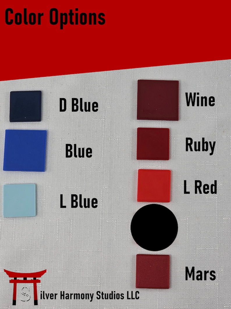 May include: A color chart titled Color Options featuring seven small squares and one circle in various shades. The labels include D Blue, Blue, L Blue, Wine, Ruby, L Red, and Mars. The bottom left corner displays a red torii gate logo and the text Silver Harmony Studios LLC.