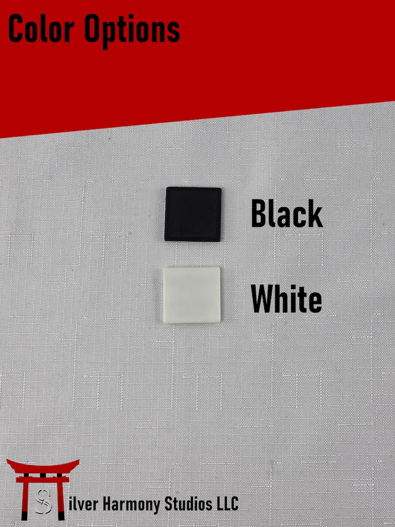 May include: A graphic display titled Color Options featuring two small square tiles. One tile is solid black, labeled Black, and the other is solid white, labeled White. The bottom corner includes a red torii gate logo and the text Silver Harmony Studios LLC.
