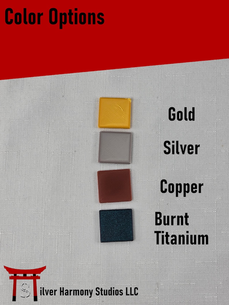 May include: A color options chart displaying four square tiles in gold, silver, copper, and burnt titanium. The text reads Color Options, Gold, Silver, Copper, Burnt Titanium, and Silver Harmony Studios LLC with a red torii gate logo at the bottom.