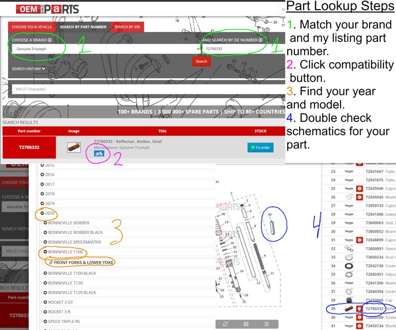May include: A digital interface for an OEM parts lookup website showing search fields for brand and part number, search results for a Genuine Triumph amber oval reflector, and a step-by-step guide labeled Part Lookup Steps for vehicle compatibility.