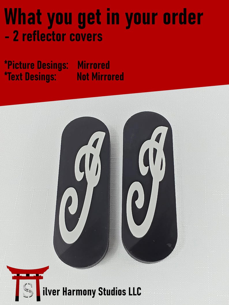 May include: Two black oval reflector covers featuring a white stylized letter C design. The image includes text: What you get in your order - 2 reflector covers, Picture Desings: Mirrored, Text Desings: Not Mirrored, and Silver Harmony Studios LLC.