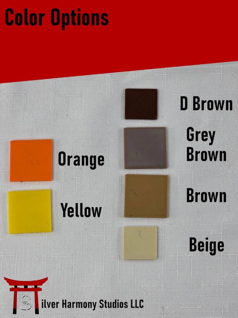 May include: A color chart displaying six square samples labeled with text: Orange, Yellow, D Brown, Grey Brown, Brown, and Beige. The header reads Color Options and the bottom includes the text Silver Harmony Studios LLC.