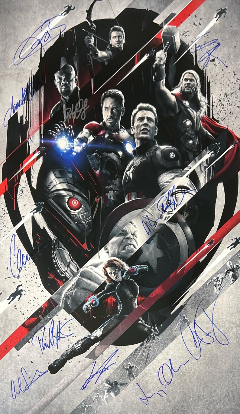 May include: A black and white image of the Avengers characters from the movie Avengers: Age of Ultron. The characters are arranged in a circle around a red and white background. The characters include Iron Man, Captain America, Thor, Hulk, Black Widow, Hawkeye, and Ultron. The image is signed by the actors who played the characters. The signatures are in blue ink.