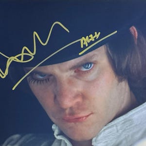 May include: A portrait of a person with blue eyes and a stern expression, wearing a black hat with a gold signature. The person is also wearing a white collared shirt. The background is dark.
