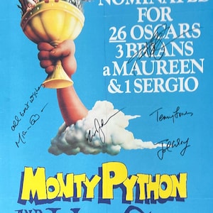 May include: A blue poster with a yellow and white illustration of a hand holding a golden chalice. The poster is for the movie Monty Python and the Holy Grail, which was nominated for 26 Oscars, 3 BAFTAs, a Maureen and 1 Sergio.