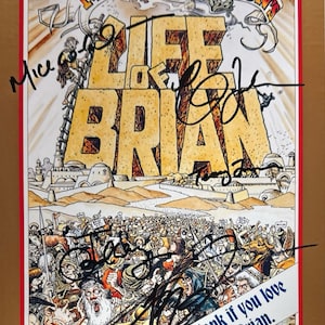 May include: A vintage movie poster for "Monty Python's Life of Brian" with the title in large, yellow, block letters. The poster features a crowd of people and includes the text "Honk if you love Brian."