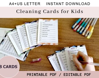Schede per le pulizie, PDF con le faccende domestiche dei bambini, lista di controllo delle attività stanza per stanza