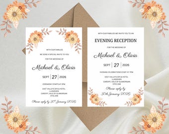 Personalised Autumnal Orange Floral Luxury Wedding Invitations, Evening Reception, RSVP, Details, Gifts & Save the Date