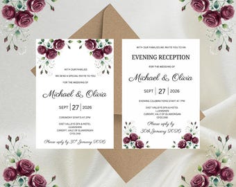 Personalised Burgundy Floral Luxury Wedding Invitations, Evening Reception, RSVP, Details, Gifts & Save the Date