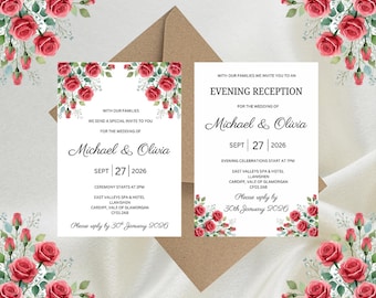 Personalised Red Floral Luxury Wedding Invitations, Evening Reception, RSVP, Details, Gifts & Save the Date