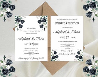 Personalised Black Floral Luxury Wedding Invitations, Evening Reception, RSVP, Details, Gifts & Save the Date