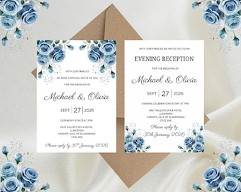 Personalised Dusty Blue Floral Luxury Wedding Invitations, Evening Reception, RSVP, Details, Gifts & Save the Date