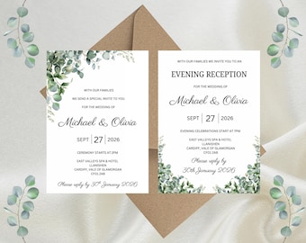 Personalised Eucalyptus Floral Luxury Wedding Invitations, Evening Reception, RSVP, Details, Gifts & Save the Date