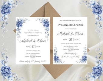 Personalised Dusty Blue Floral Luxury Wedding Invitations, Evening Reception, RSVP, Details, Gifts & Save the Date