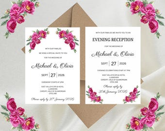 Personalised Dark Pink Floral Luxury Wedding Invitations, Evening Reception, RSVP, Details, Gifts & Save the Date