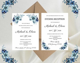 Personalised Dark Blue Floral Luxury Wedding Invitations, Evening Reception, RSVP, Details, Gifts & Save the Date