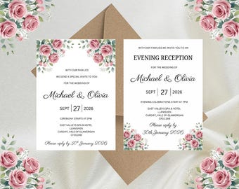 Personalised Light Pink Floral Luxury Wedding Invitations, Evening Reception, RSVP, Details, Gifts & Save the Date