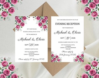 Personalised Dark Pink Floral Luxury Wedding Invitations, Evening Reception, RSVP, Details, Gifts & Save the Date