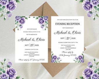 Personalised Lavender Floral Luxury Wedding Invitations, Evening Reception, RSVP, Details, Gifts & Save the Date