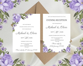 Personalised Lavender Floral Luxury Wedding Invitations, Evening Reception, RSVP, Details, Gifts & Save the Date