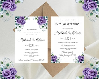 Personalised Purple Floral Luxury Wedding Invitations, Evening Reception, RSVP, Details, Gifts & Save the Date