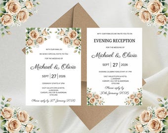 Personalised Natural Beige Floral Luxury Wedding Invitations, Evening Reception, RSVP, Details, Gifts & Save the Date