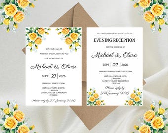 Personalised Yellow Floral Luxury Wedding Invitations, Evening Reception, RSVP, Details, Gifts & Save the Date