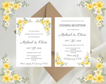Personalised Yellow Floral Luxury Wedding Invitations, Evening Reception, RSVP, Details, Gifts & Save the Date