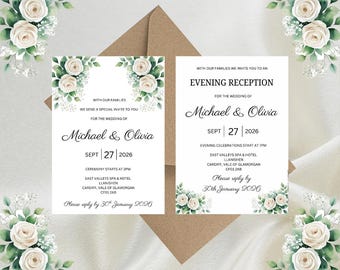Personalised White Floral Luxury Wedding Invitations, Evening Reception, RSVP, Details, Gifts & Save the Date