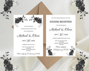 Personalised Black Floral Luxury Wedding Invitations, Evening Reception, RSVP, Details, Gifts & Save the Date