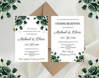 Personalised Emerald Green Floral Luxury Wedding Invitations, Evening Reception, RSVP, Details, Gifts & Save the Date