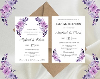 Personalised Purple Floral Luxury Wedding Invitations, Evening Reception, RSVP, Details, Gifts & Save the Date