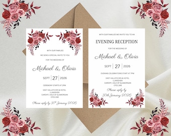 Personalised Burgundy Floral Luxury Wedding Invitations, Evening Reception, RSVP, Details, Gifts & Save the Date