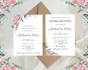 Personalised Light Pink Floral Luxury Wedding Invitations, Evening Reception, RSVP, Details, Gifts & Save the Date