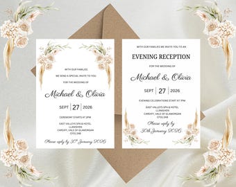 Personalised Natural Beige Floral Luxury Wedding Invitations, Evening Reception, RSVP, Details, Gifts & Save the Date