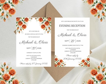 Personalised Autumnal Orange Floral Luxury Wedding Invitations, Evening Reception, RSVP, Details, Gifts & Save the Date