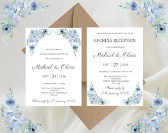 Personalised Light Blue Floral Luxury Wedding Invitations, Evening Reception, RSVP, Details, Gifts & Save the Date