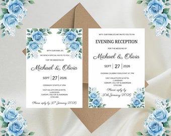 Personalised Light Blue Floral Luxury Wedding Invitations, Evening Reception, RSVP, Details, Gifts & Save the Date