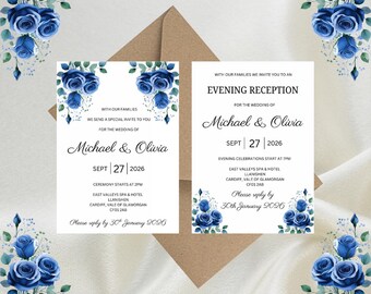 Personalised Dark Blue Floral Luxury Wedding Invitations, Evening Reception, RSVP, Details, Gifts & Save the Date